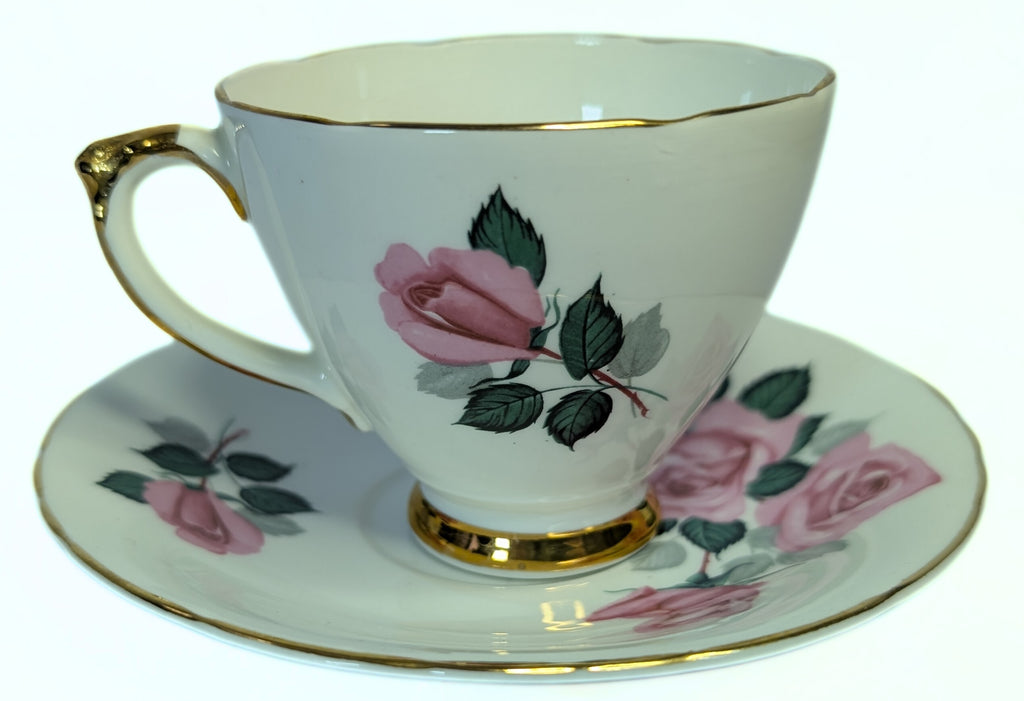 ROYAL TRENT Bone China Teacup & Saucer - Pink Rose, Gold Trim