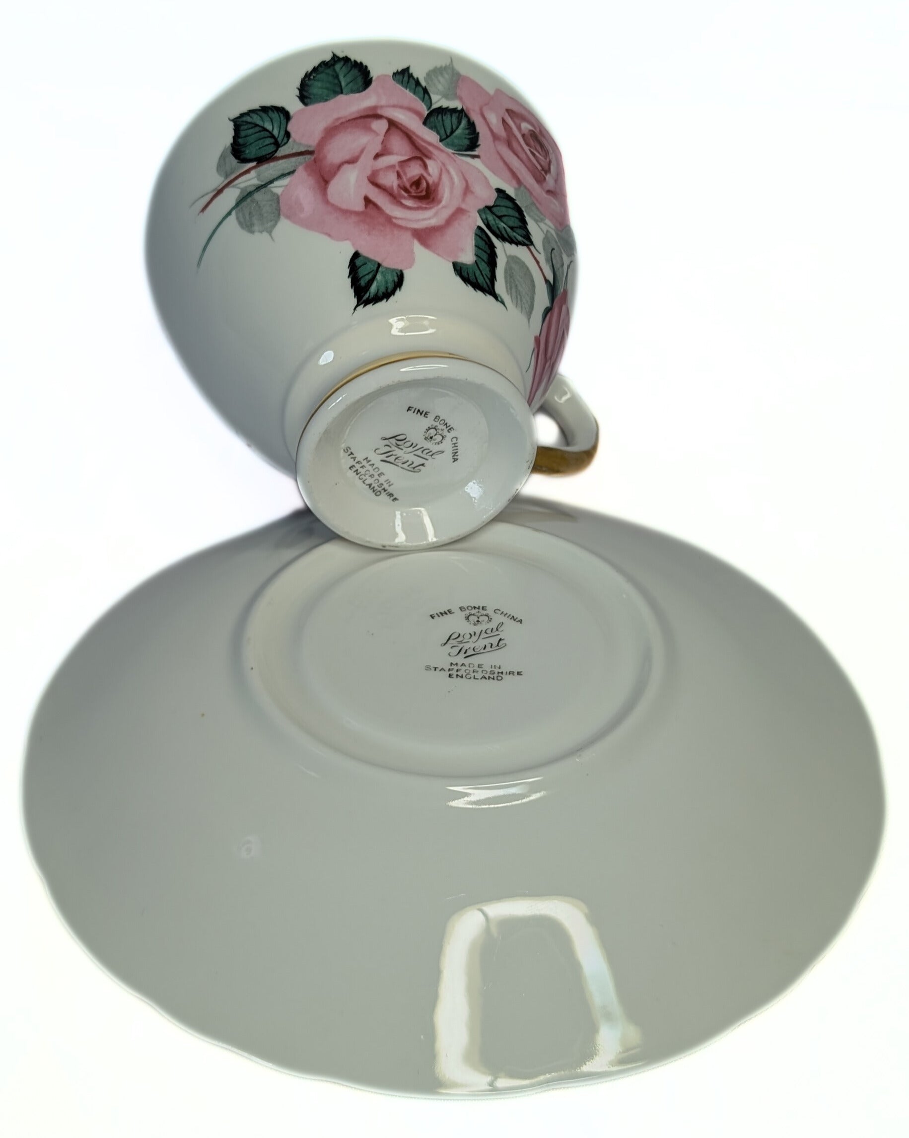 ROYAL TRENT Bone China Teacup & Saucer - Pink Rose, Gold Trim