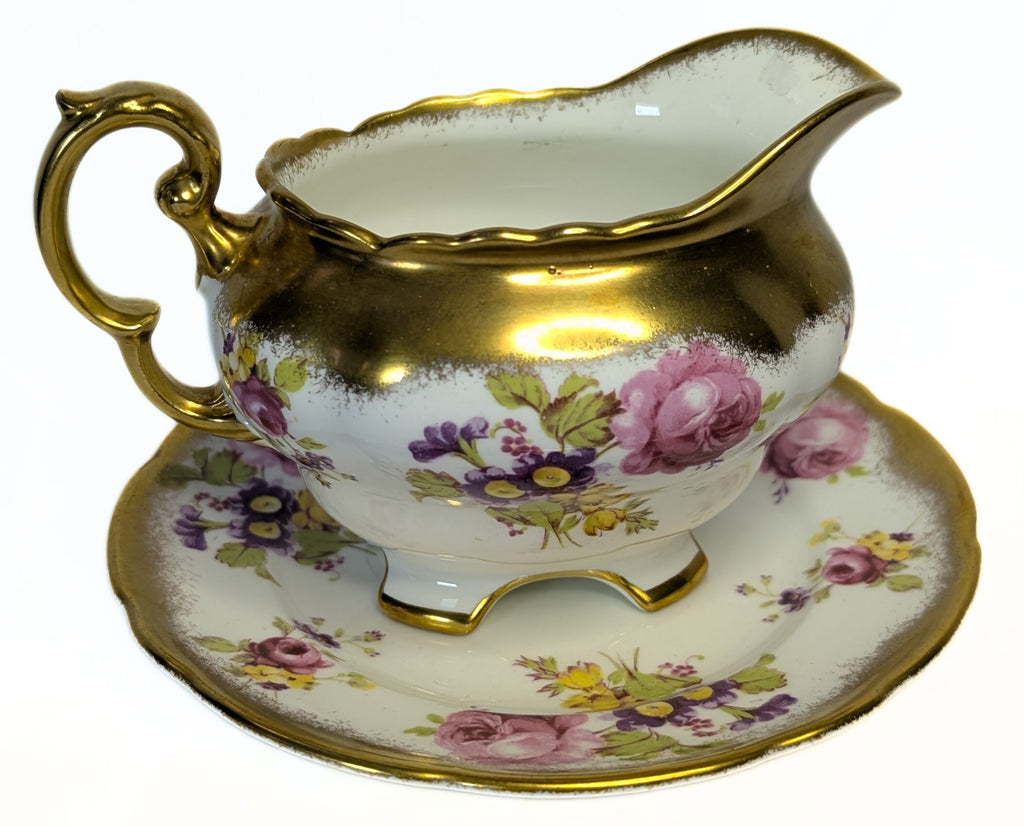 FOLEY Bone China Creamer / Sauce Boat & Saucer - Floral & Heavy Gold