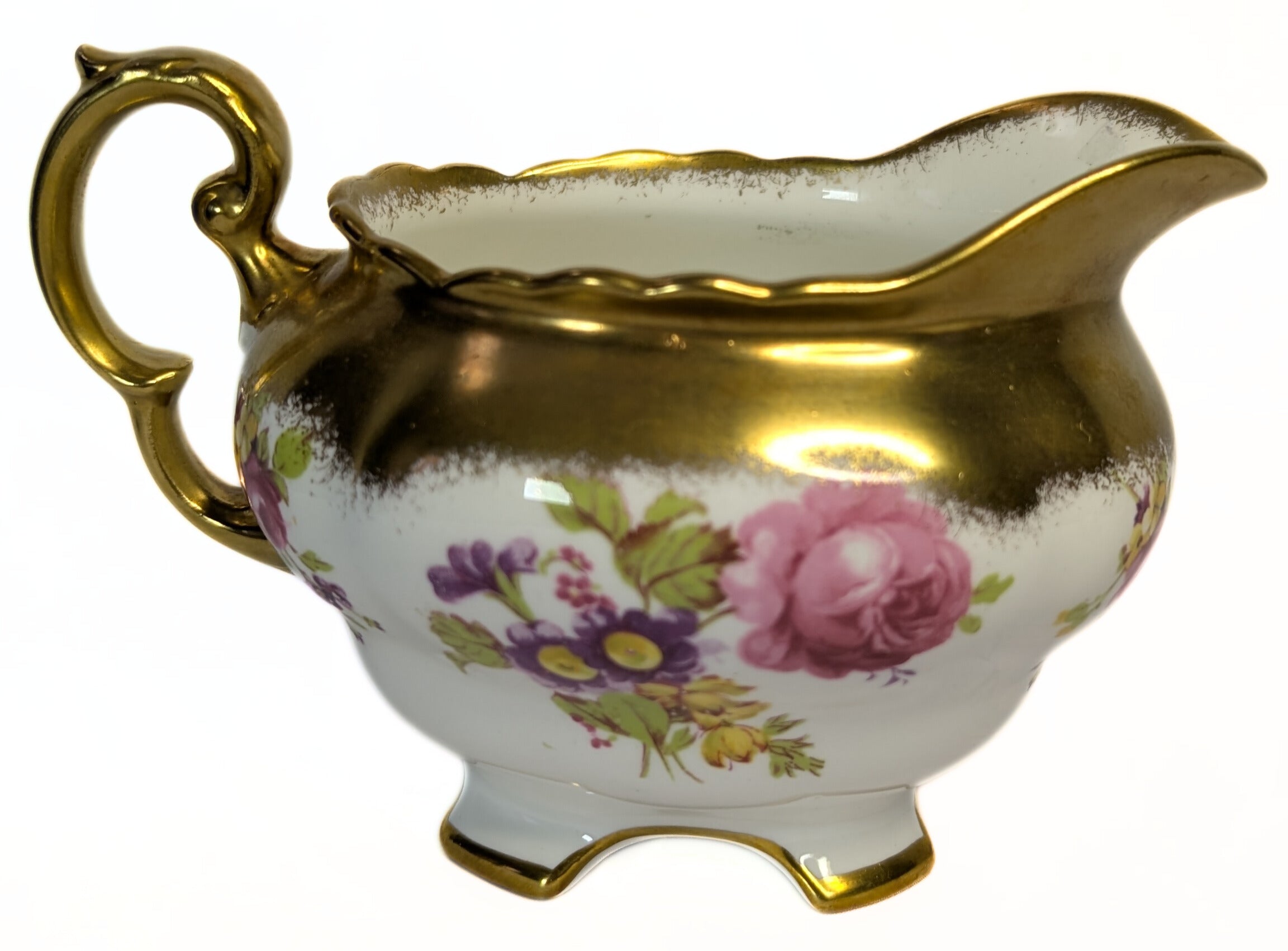 FOLEY Bone China Creamer / Sauce Boat & Saucer - Floral & Heavy Gold