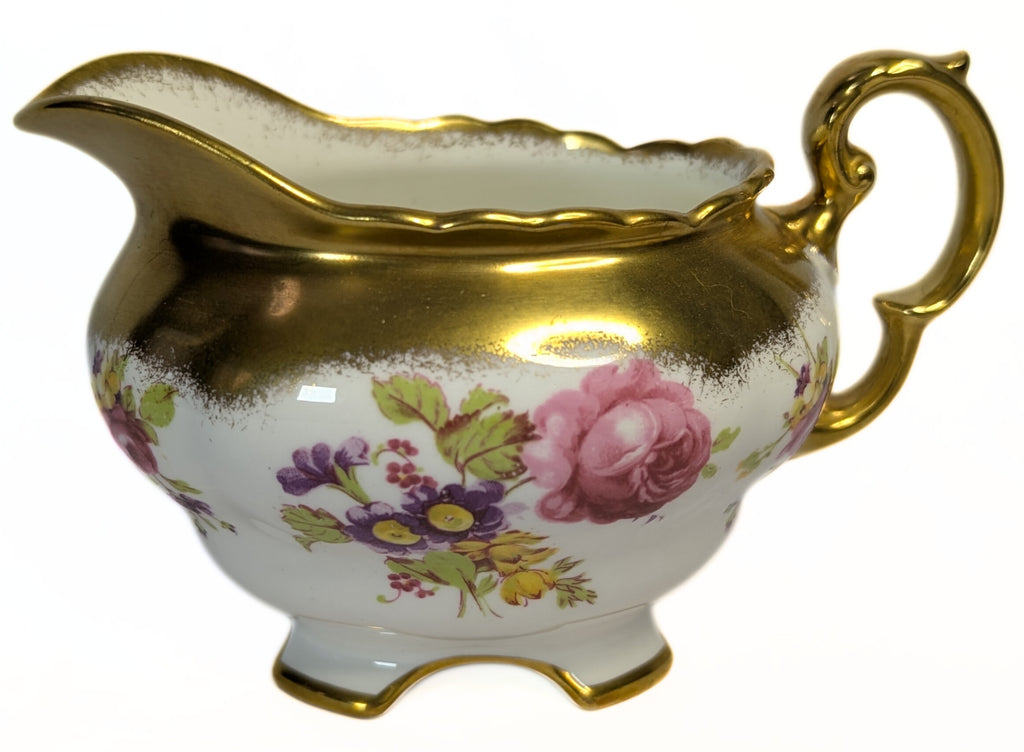 FOLEY Bone China Creamer / Sauce Boat & Saucer - Floral & Heavy Gold