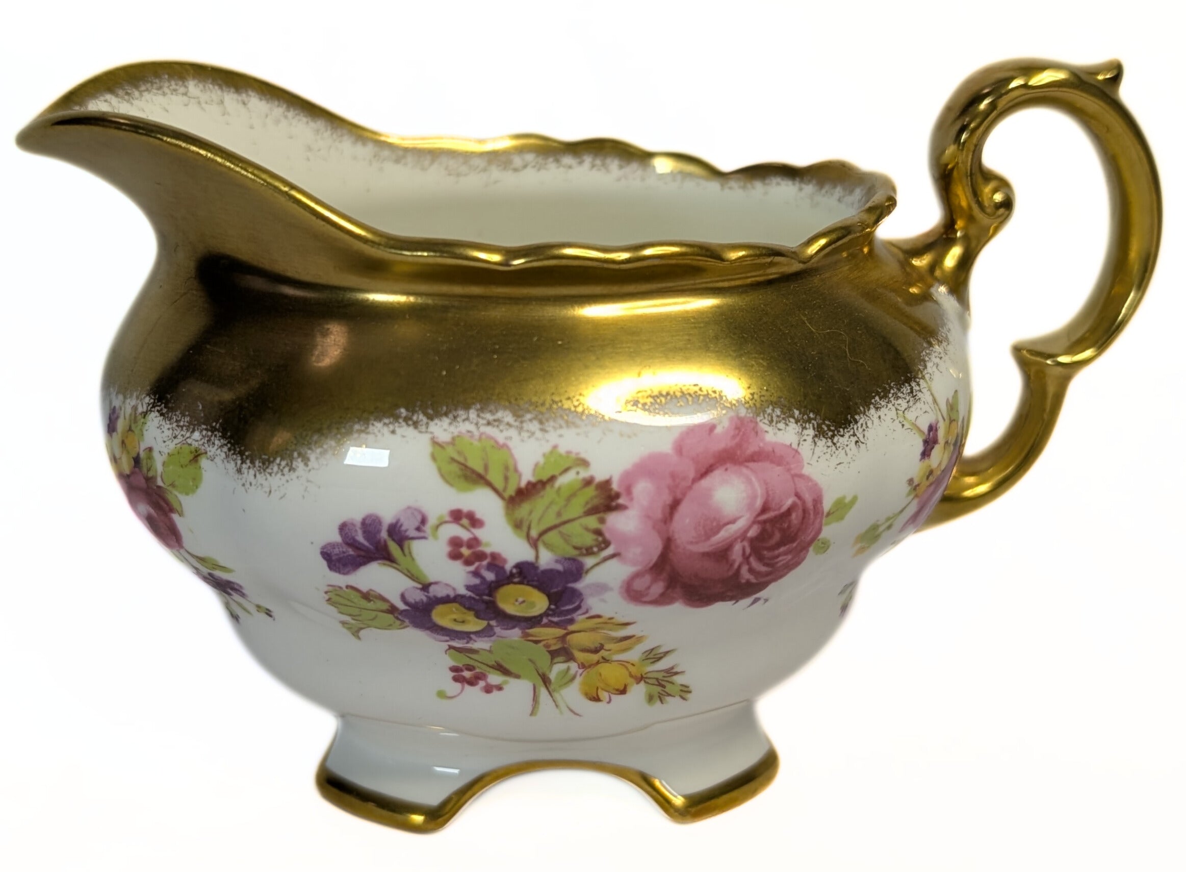 FOLEY Bone China Creamer / Sauce Boat & Saucer - Floral & Heavy Gold