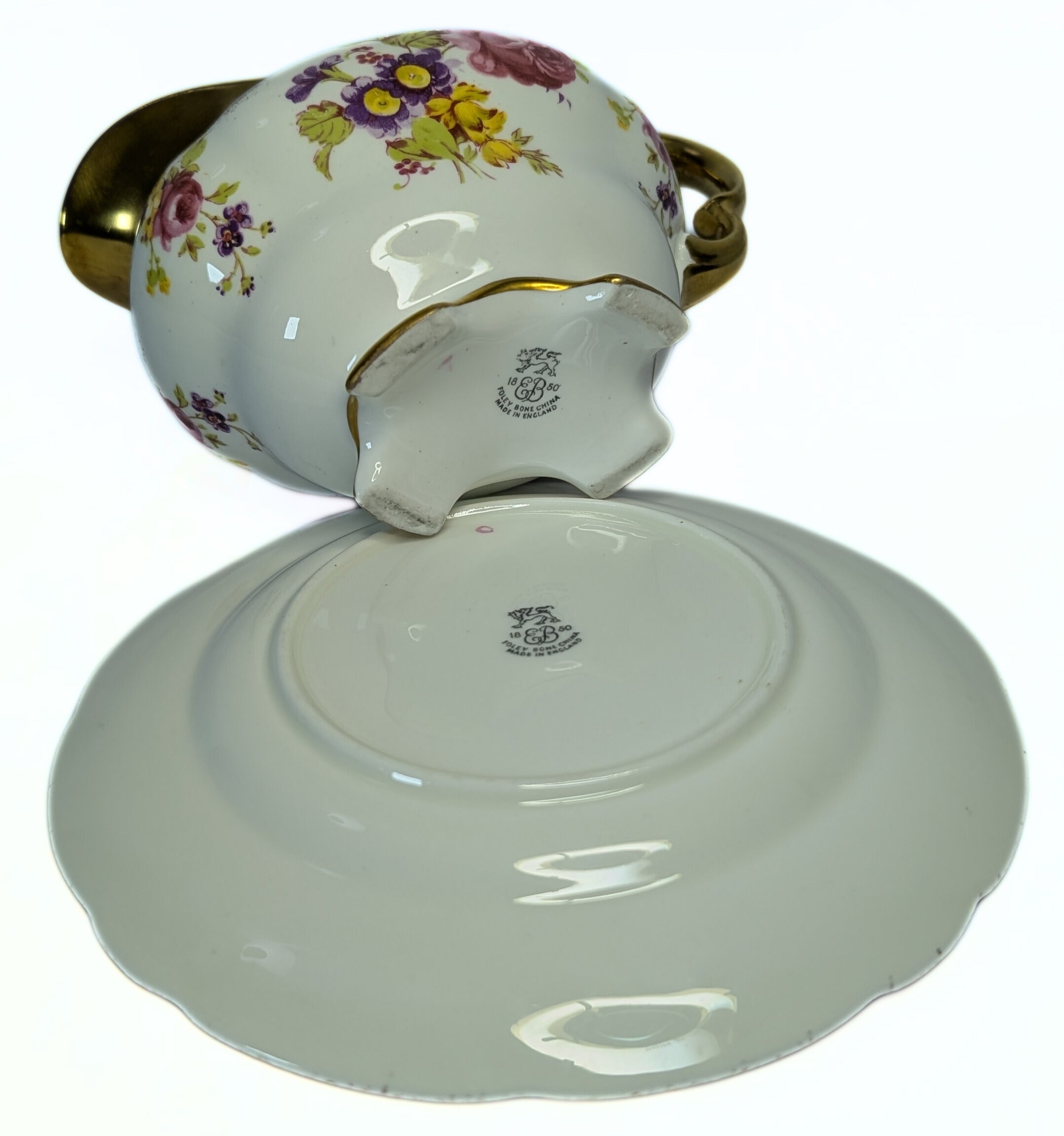 FOLEY Bone China Creamer / Sauce Boat & Saucer - Floral & Heavy Gold