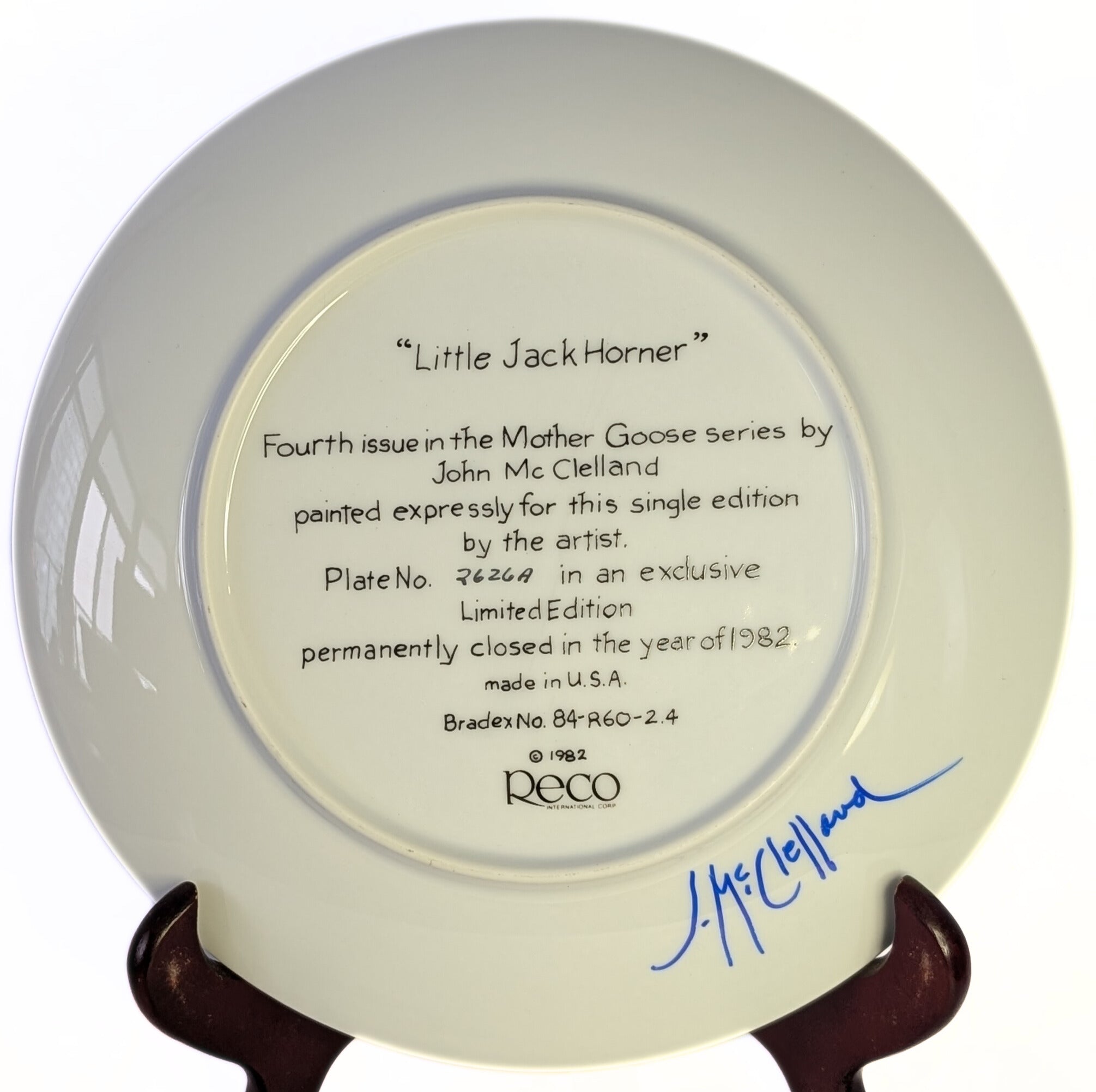 1982 Collectors Plate -- Mother Goose -- Little Jack Horner - John McClelland
