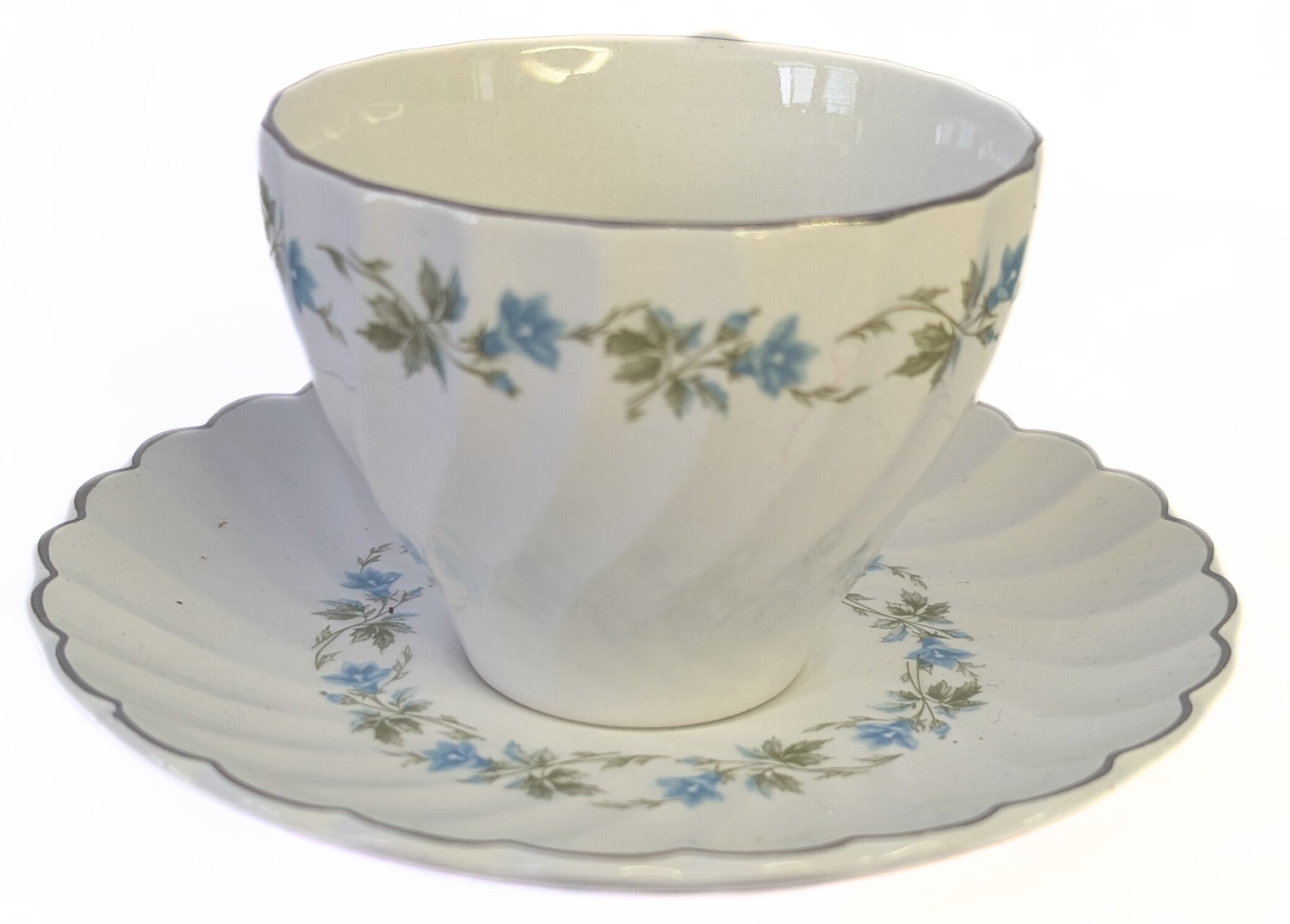 Snowwhite Regency Morning Glory & Platinum Rim Bread Cup & Saucers by Johnson Brothers
