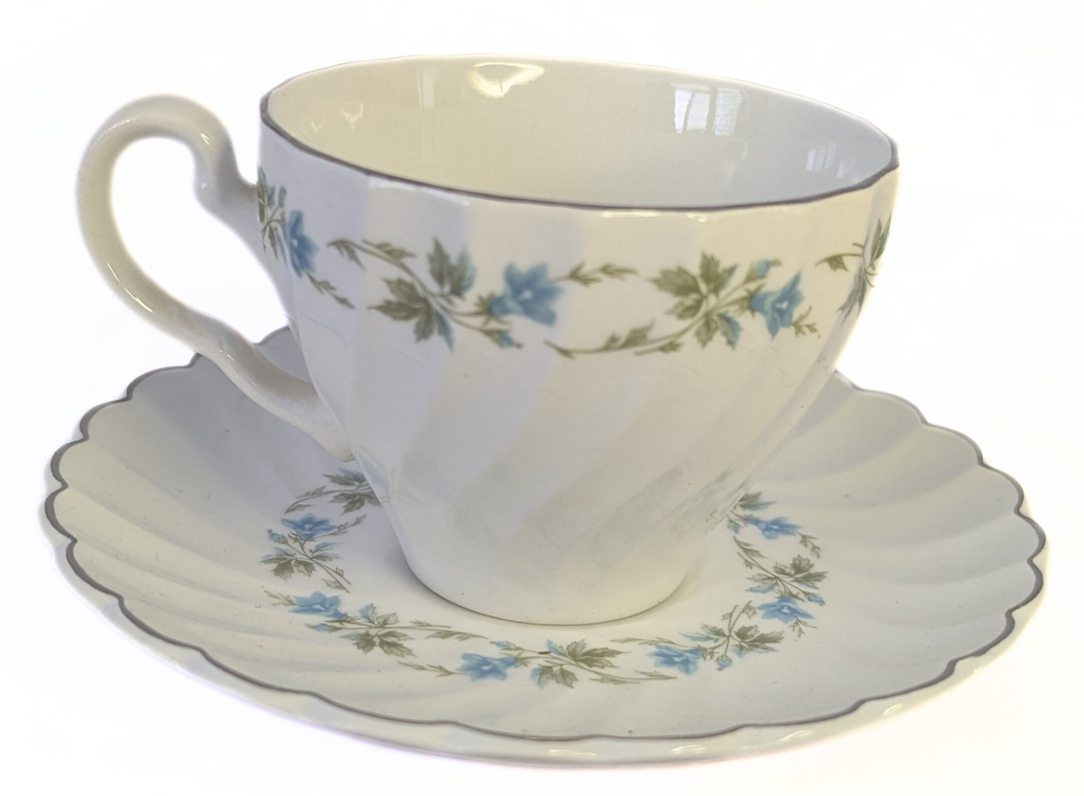 Snowwhite Regency Morning Glory & Platinum Rim Bread Cup & Saucers by Johnson Brothers
