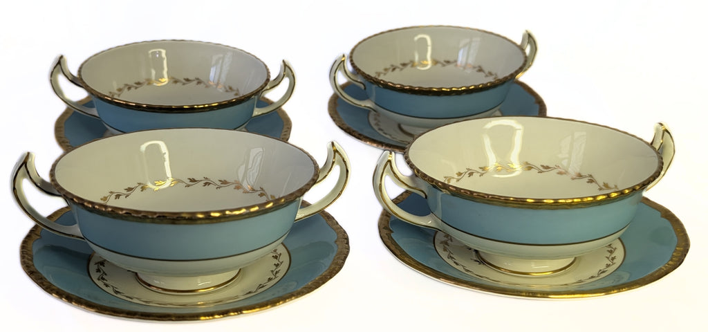4 ROYAL DOULTON Fine Bone China Cream Soup Bowls & Saucers - Turquoise Rim & Floral