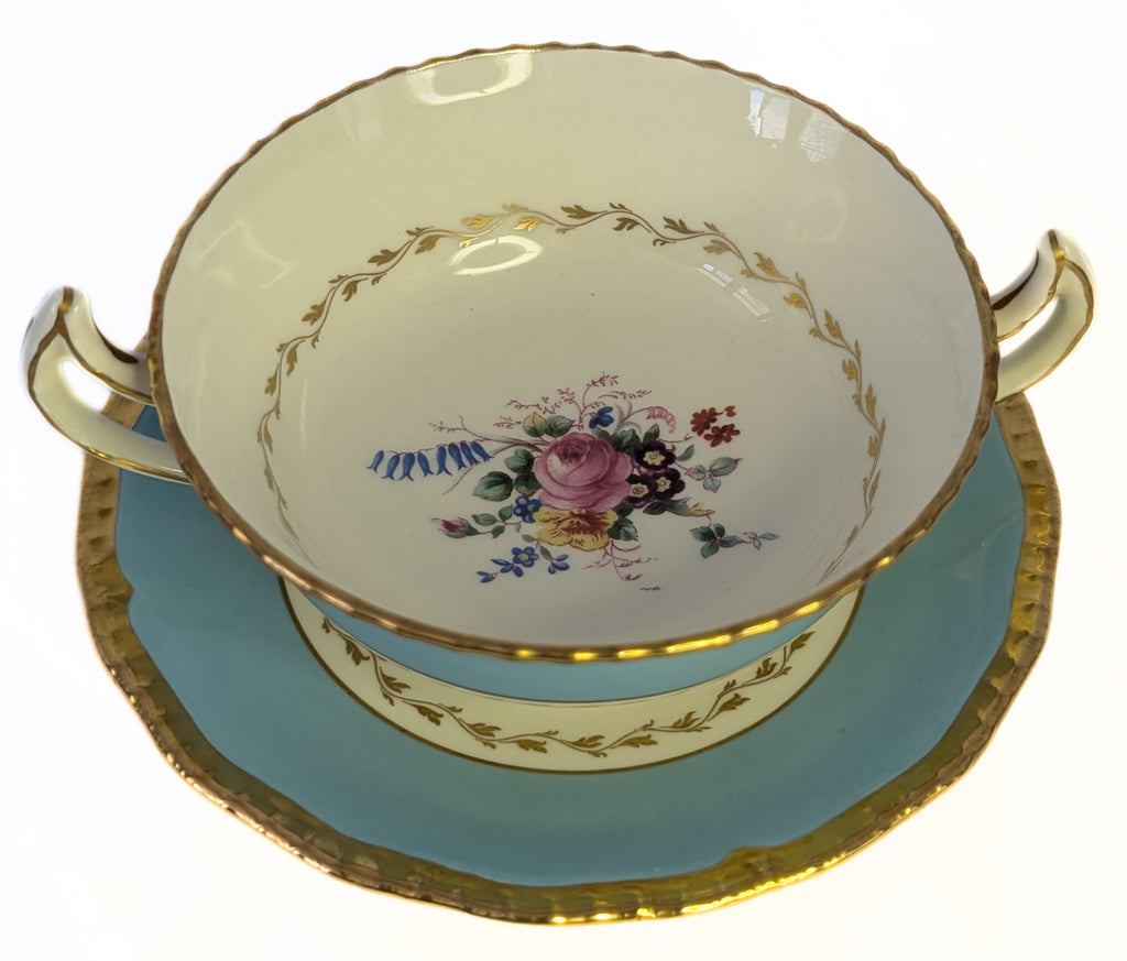 4 ROYAL DOULTON Fine Bone China Cream Soup Bowls & Saucers - Turquoise Rim & Floral