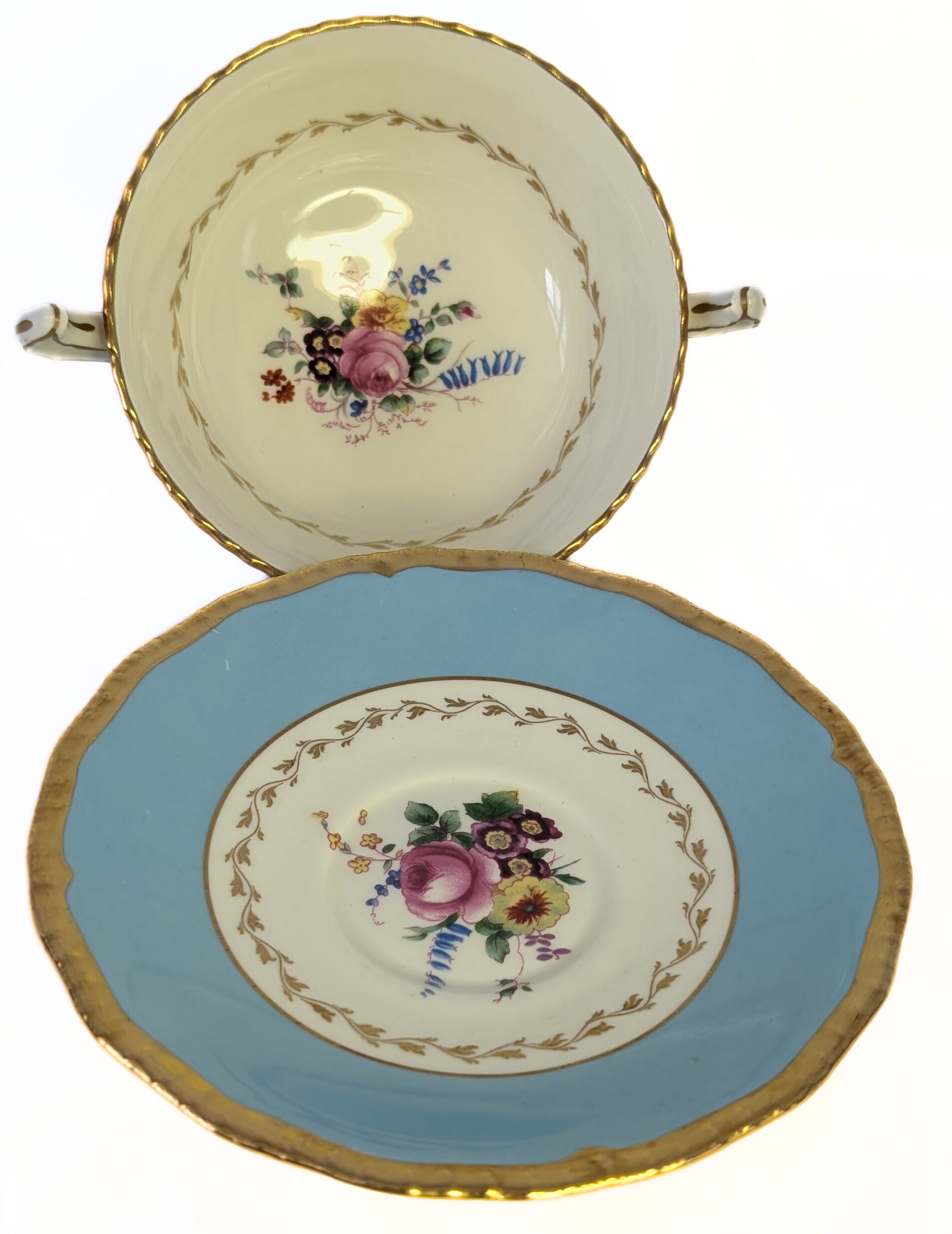 4 ROYAL DOULTON Fine Bone China Cream Soup Bowls & Saucers - Turquoise Rim & Floral
