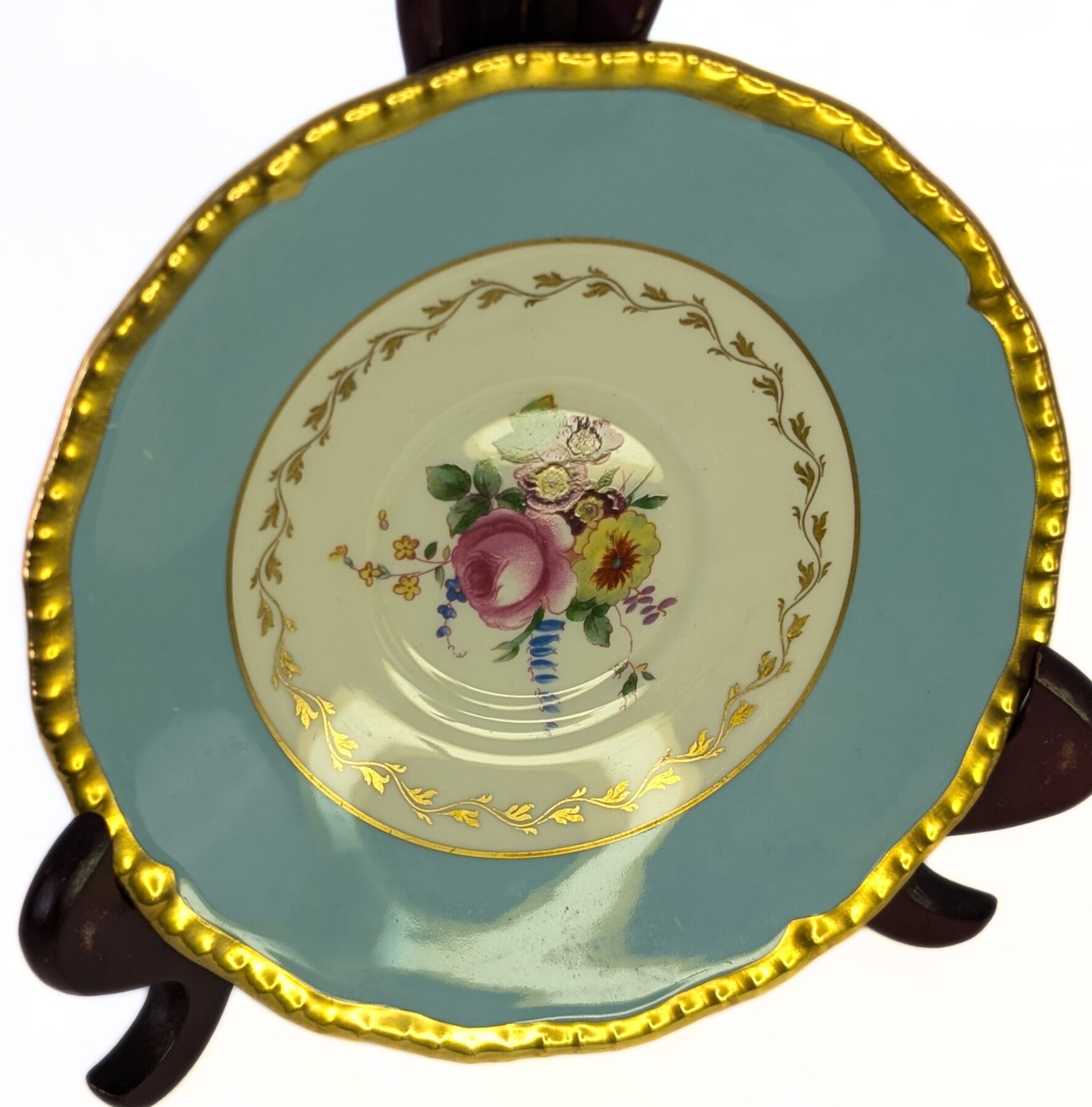 4 ROYAL DOULTON Fine Bone China Cream Soup Bowls & Saucers - Turquoise Rim & Floral