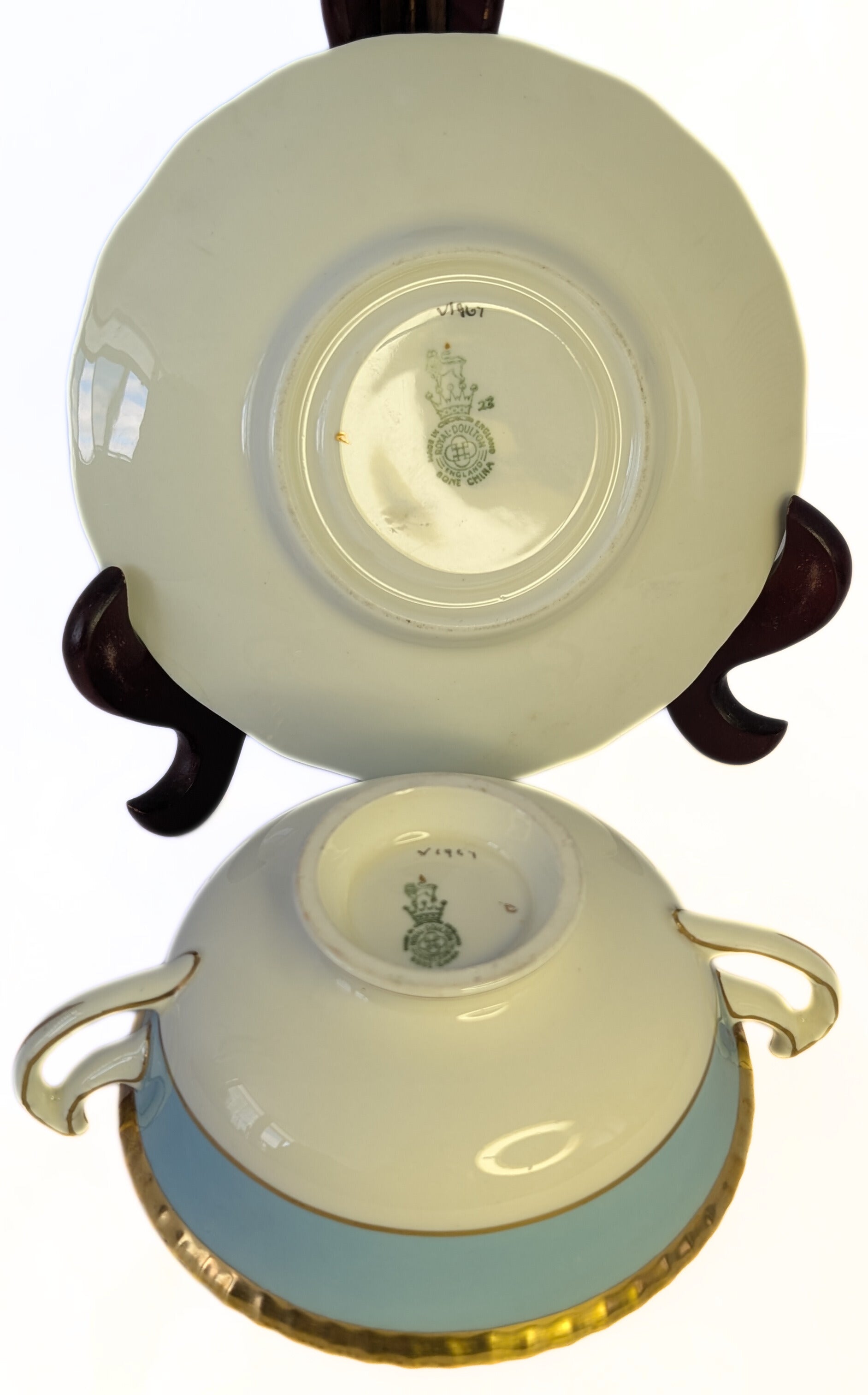 4 ROYAL DOULTON Fine Bone China Cream Soup Bowls & Saucers - Turquoise Rim & Floral