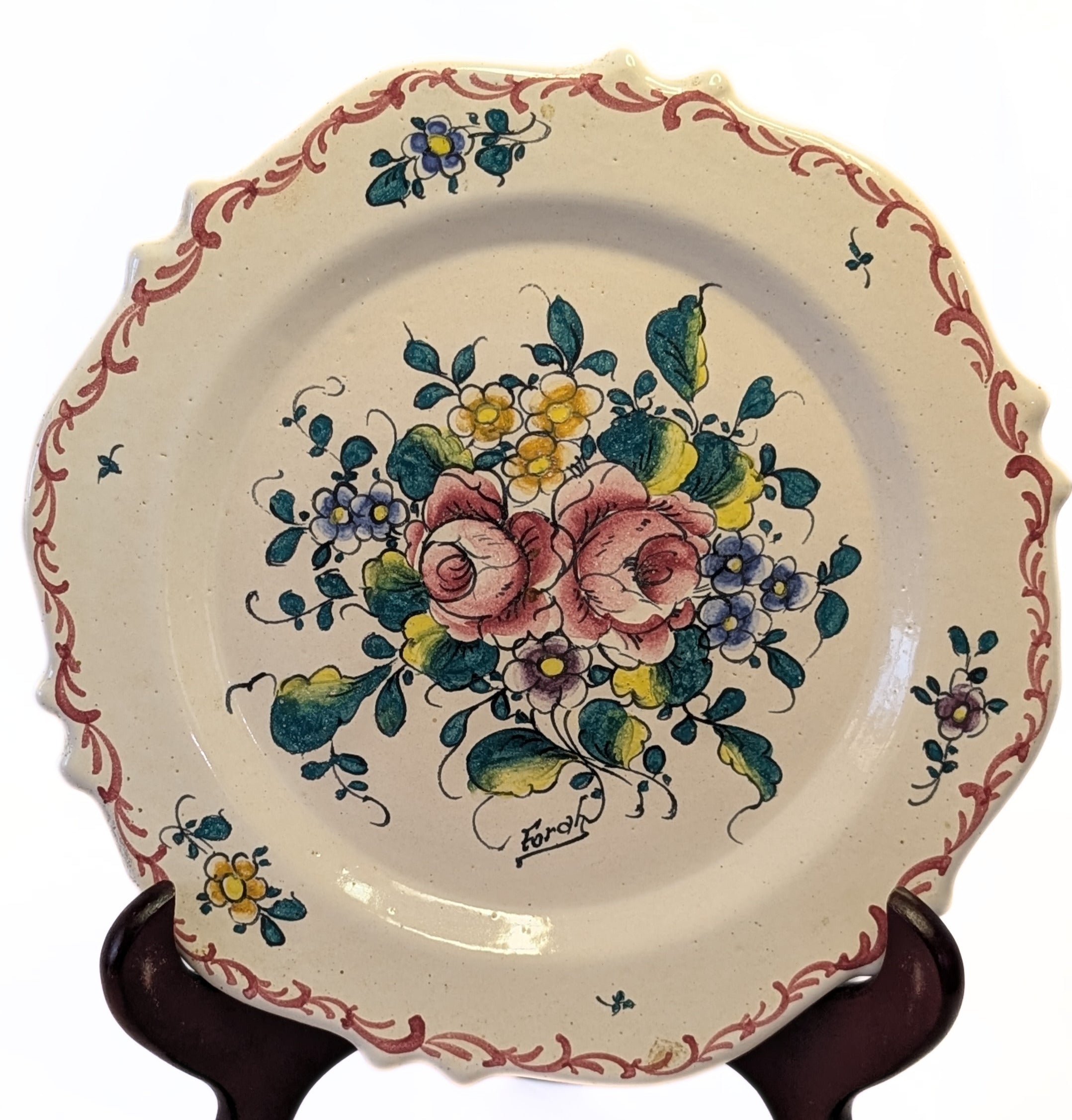 8" Creamware Plate - Leeds Design - Signed Forah - Large Bouquet