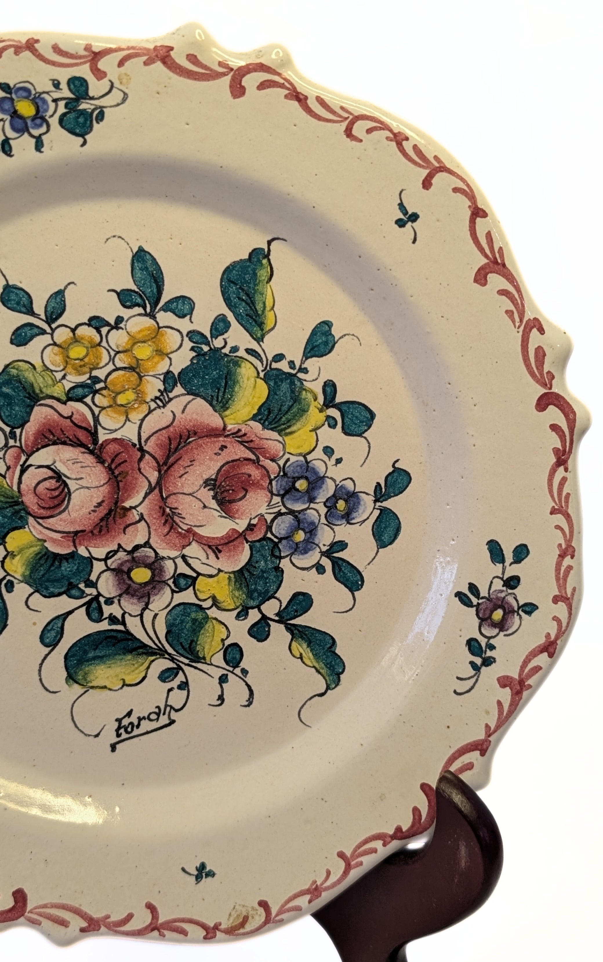 8" Creamware Plate - Leeds Design - Signed Forah - Large Bouquet