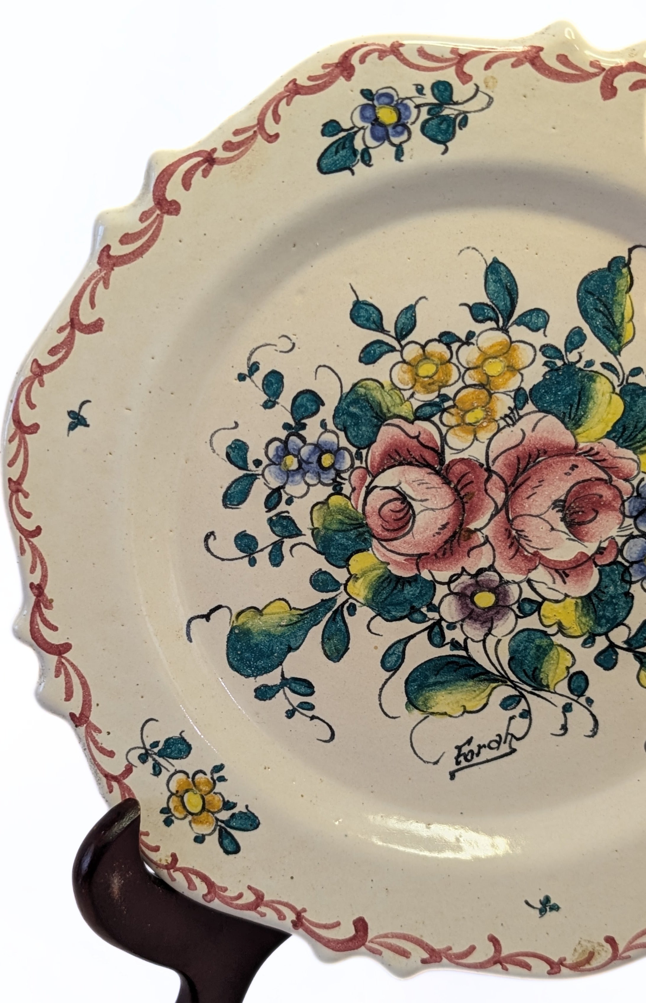 8" Creamware Plate - Leeds Design - Signed Forah - Large Bouquet