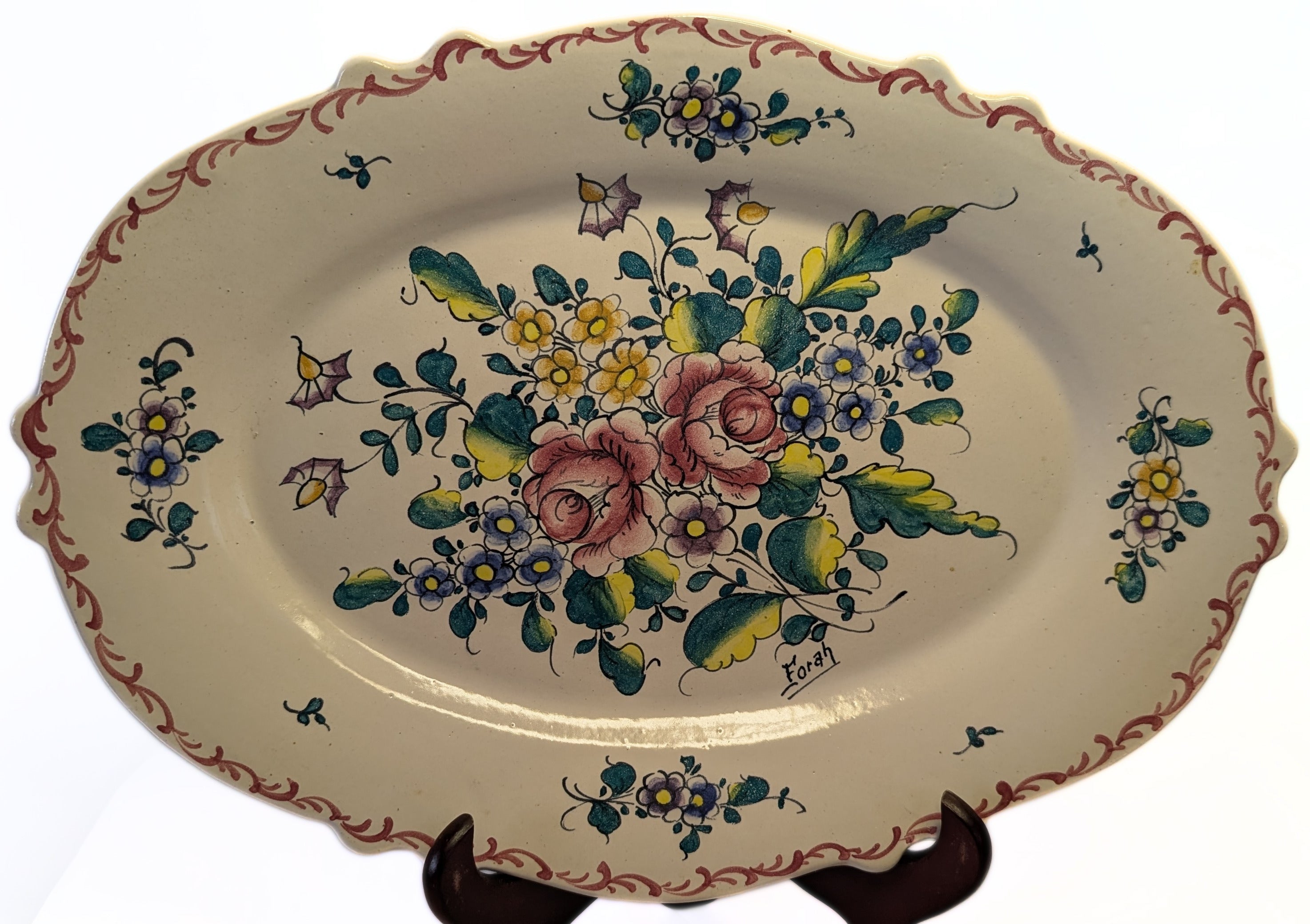 14" Creamware Platter - Leeds Design - Signed Forah - Large Bouquet