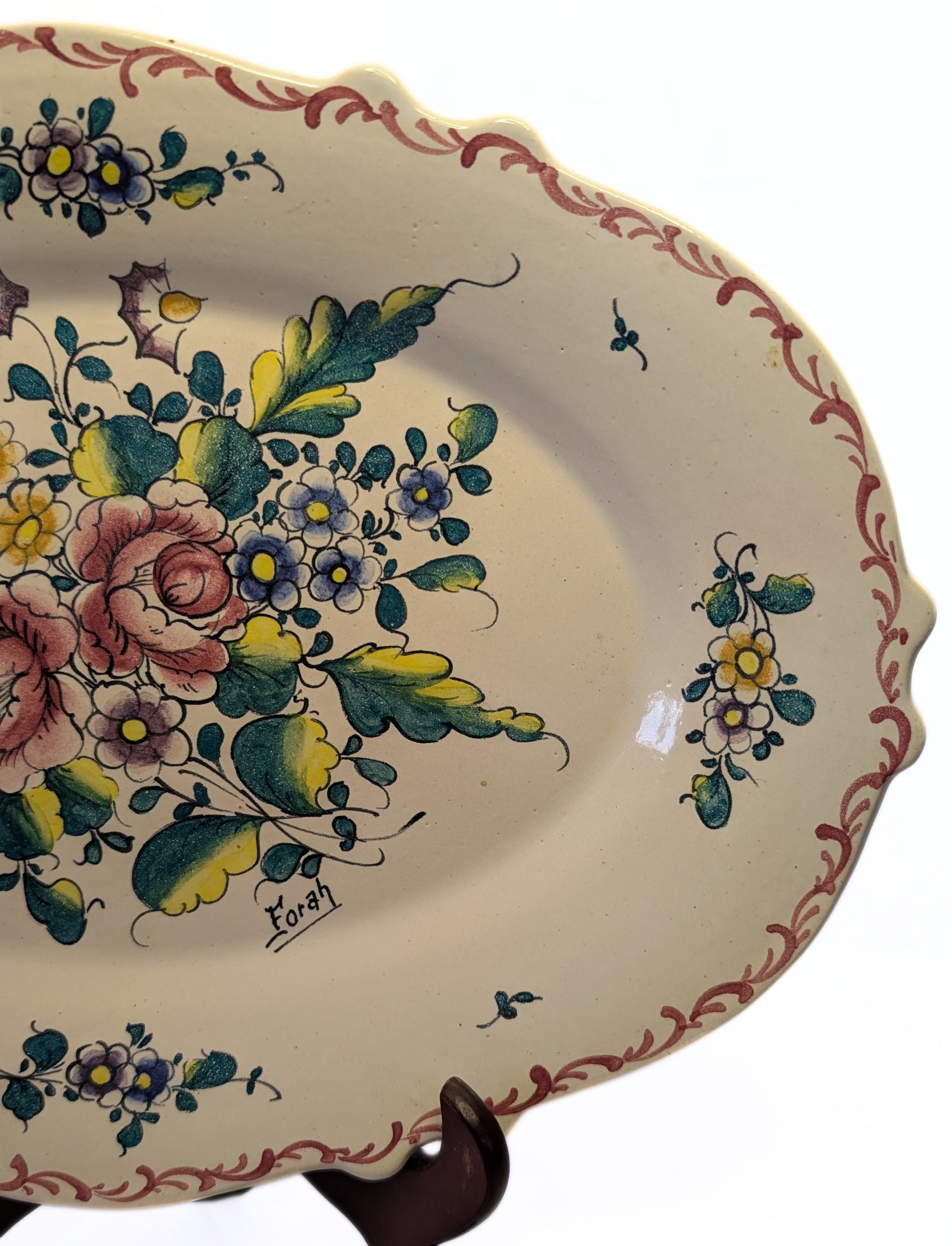14" Creamware Platter - Leeds Design - Signed Forah - Large Bouquet
