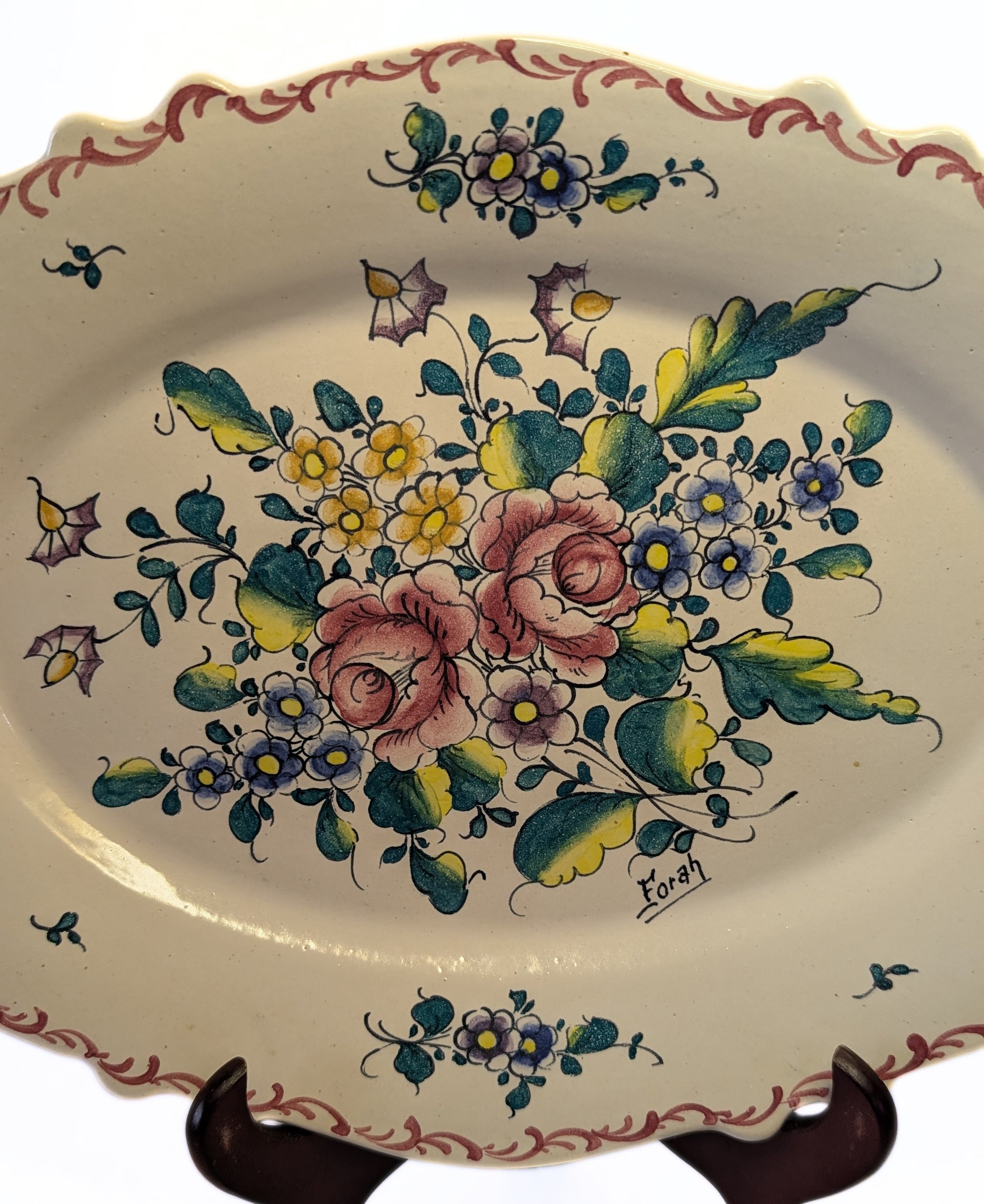 14" Creamware Platter - Leeds Design - Signed Forah - Large Bouquet