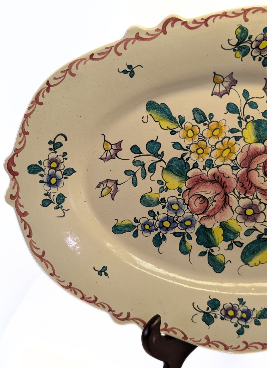 14" Creamware Platter - Leeds Design - Signed Forah - Large Bouquet