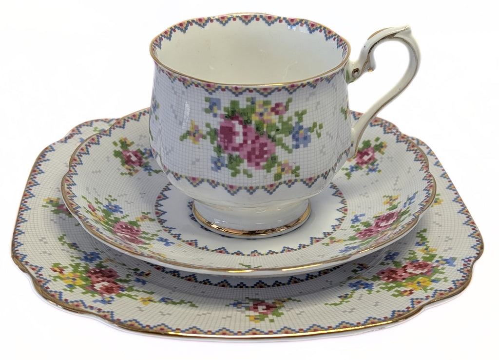 ROYAL ALBERT Fine Bone Trio Set - Petit Point Chinz - Cup, Saucer, Dessert Plate