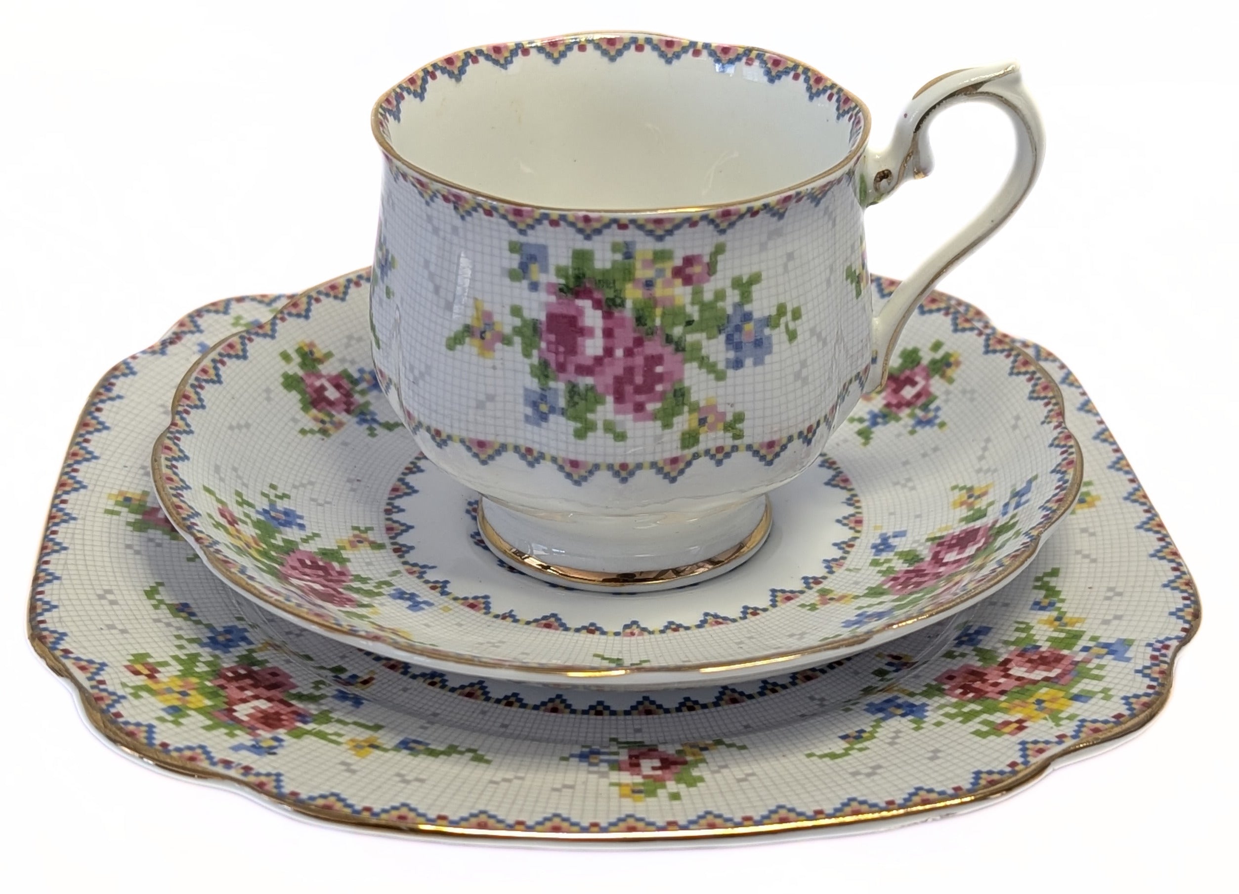 ROYAL ALBERT Fine Bone Trio Set - Petit Point Chinz - Cup, Saucer, Dessert Plate