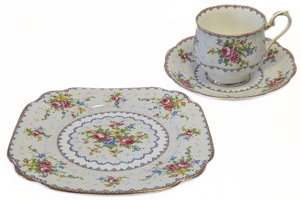 ROYAL ALBERT Fine Bone Trio Set - Petit Point Chinz - Cup, Saucer, Dessert Plate
