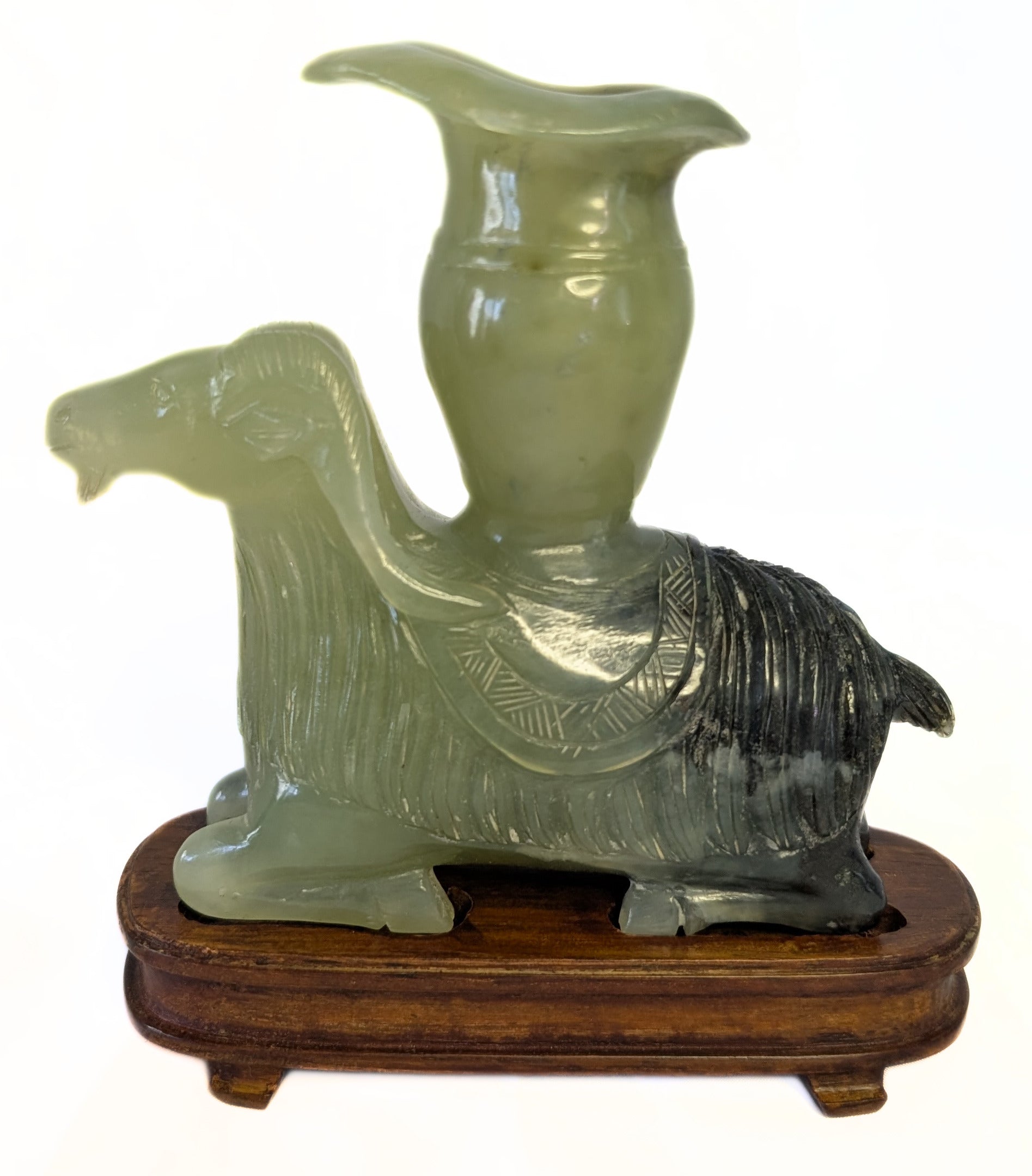 Antique Carved Jade Ram Vase / Incense Holder With Base
