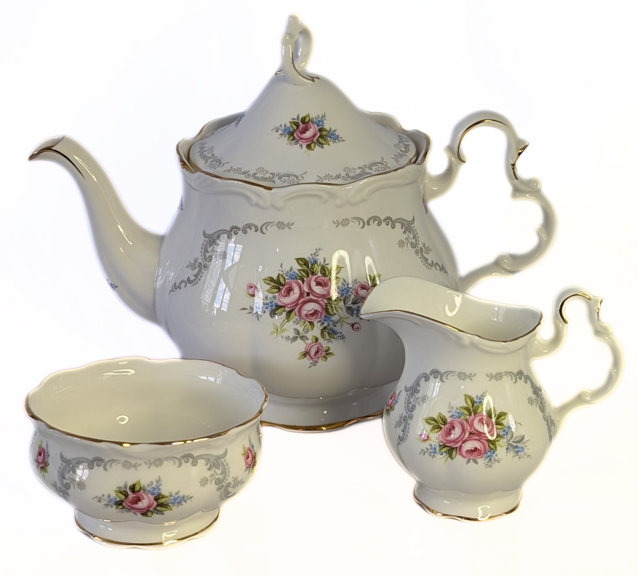 ROYAL ALBERT Fine Bone China - Tranquillity Pattern - Teapot, Cream & Sugar Bowl