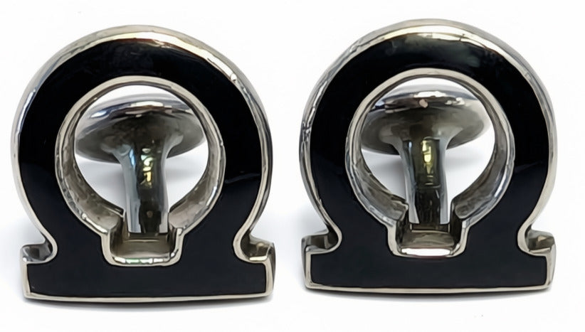 Salvatore FERRAGAMO Sterling Silver & Black Enamel Gancini Cufflinks