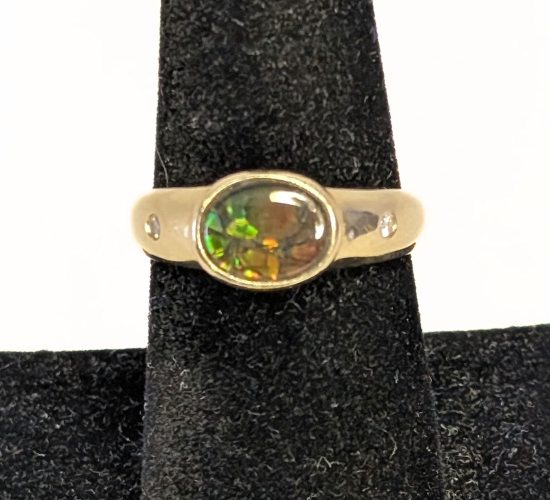 14Kt Yellow Gold Bezel Set Ammolite & Diamond Ring - Size 8.75 - Appraised $3035