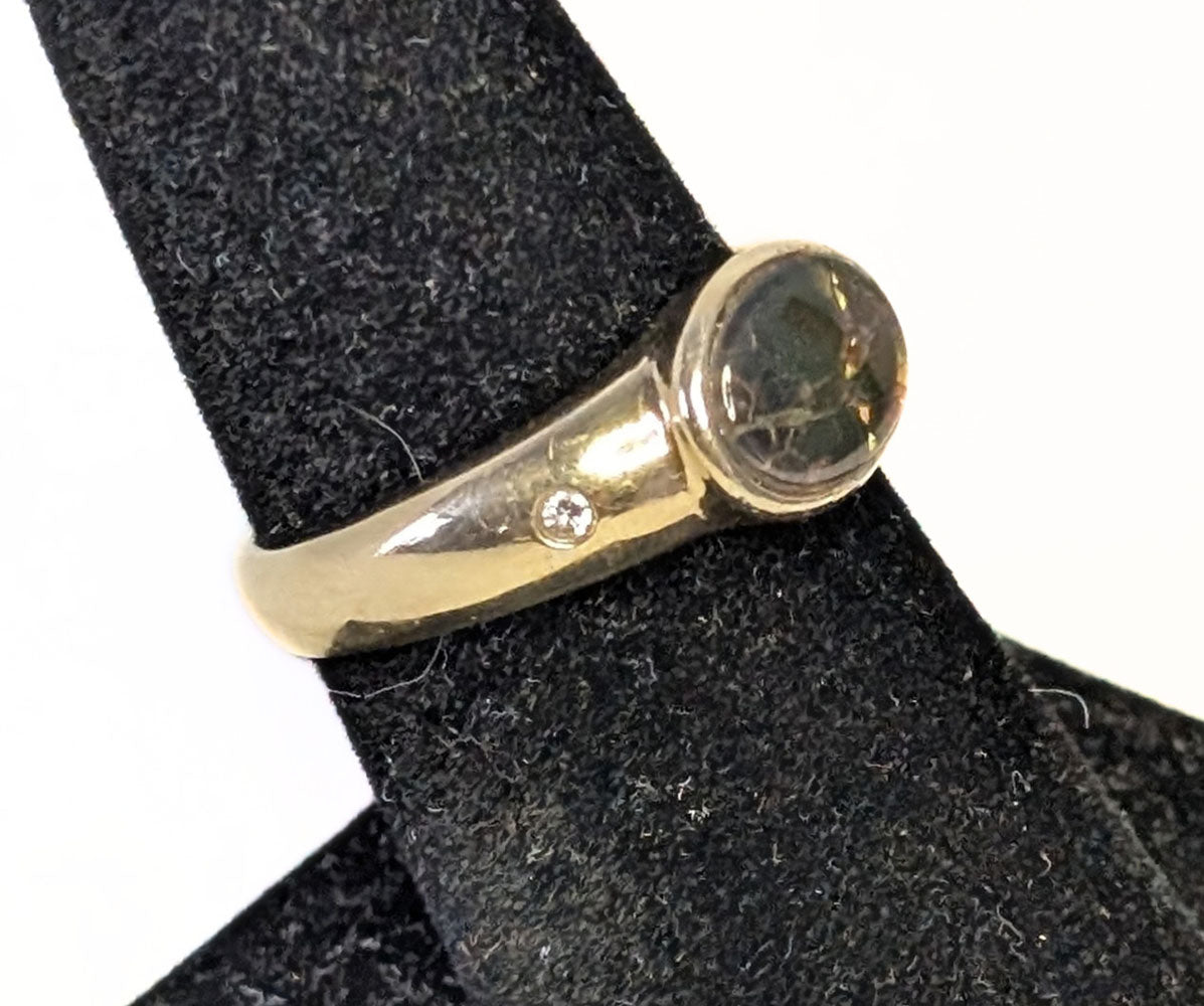 14Kt Yellow Gold Bezel Set Ammolite & Diamond Ring - Size 8.75 - Appraised $3035