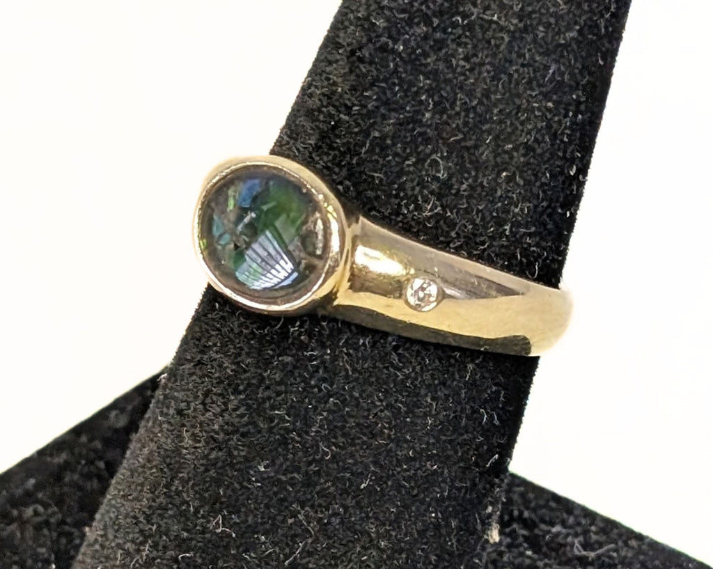 14Kt Yellow Gold Bezel Set Ammolite & Diamond Ring - Size 8.75 - Appraised $3035