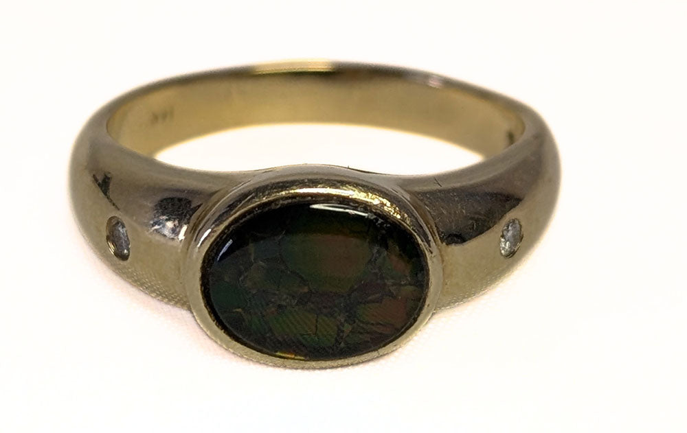 14Kt Yellow Gold Bezel Set Ammolite & Diamond Ring - Size 8.75 - Appraised $3035