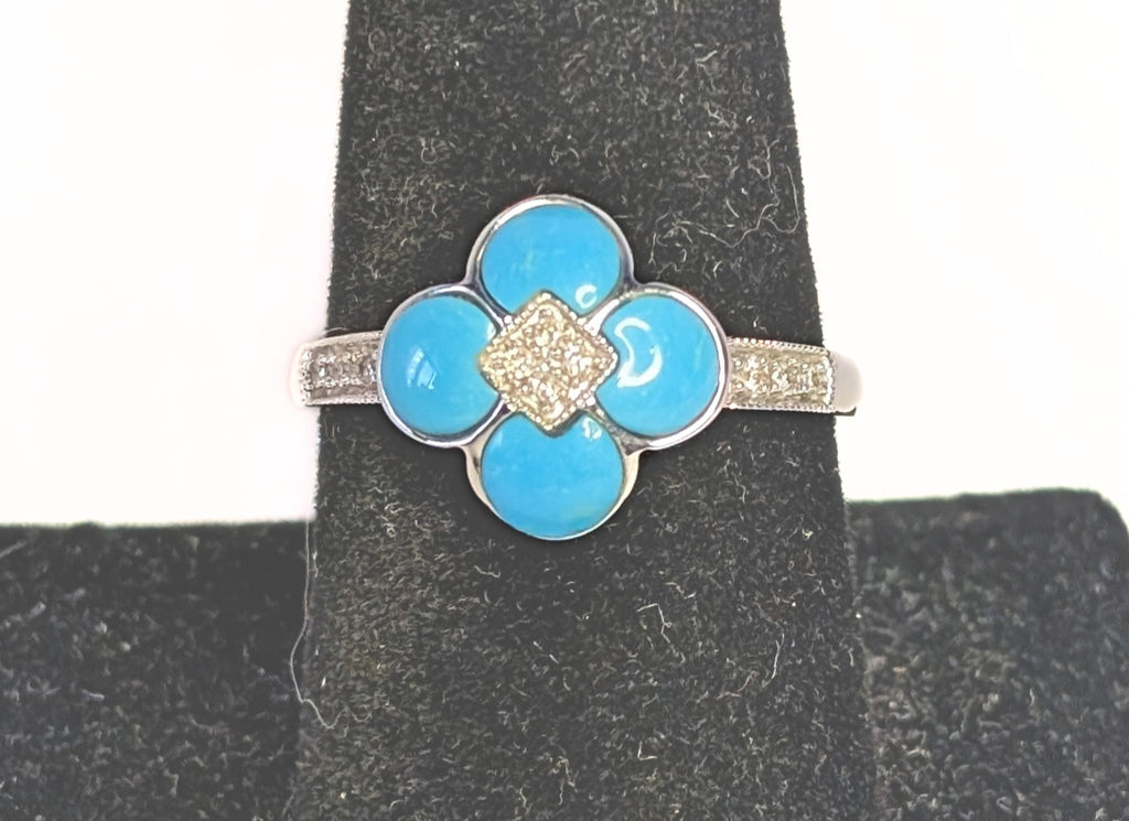 14 Kt White Gold Turquoise & Diamond Ring - Size 9.5 - Appraised $2050