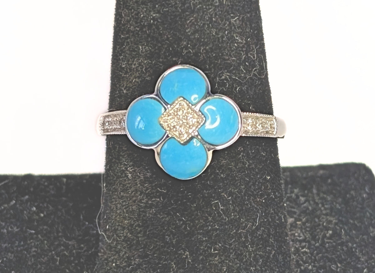 14 Kt White Gold Turquoise & Diamond Ring - Size 9.5 - Appraised $2050