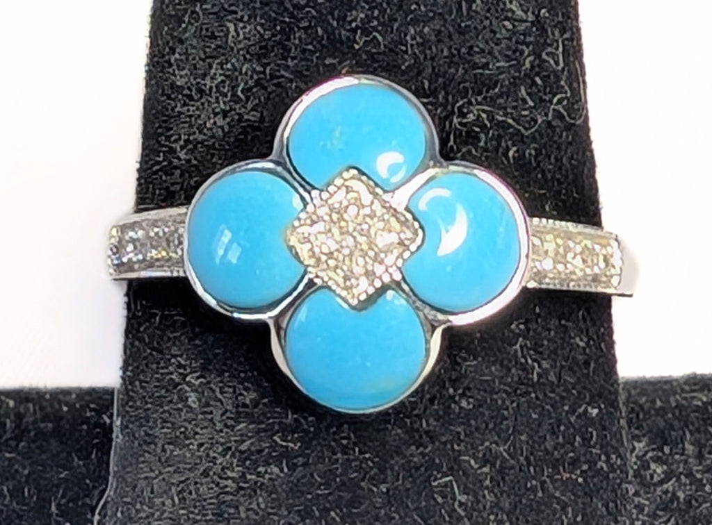 14 Kt White Gold Turquoise & Diamond Ring - Size 9.5 - Appraised $2050