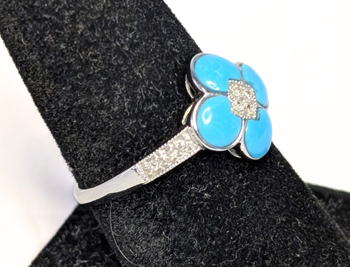 14 Kt White Gold Turquoise & Diamond Ring - Size 9.5 - Appraised $2050