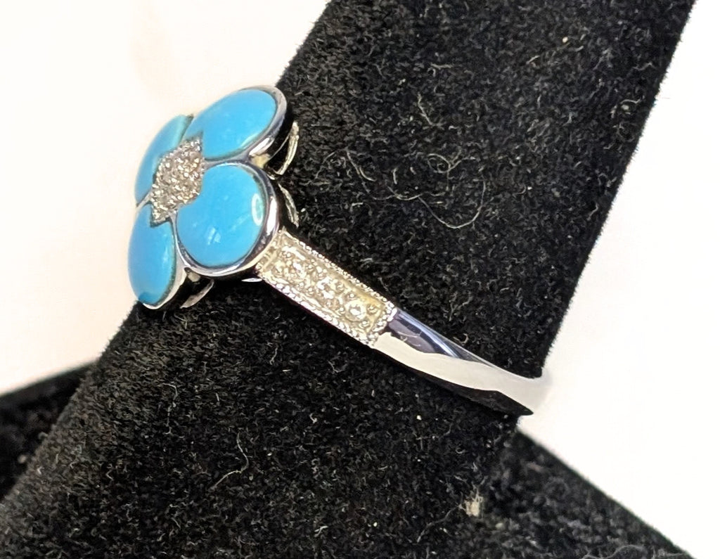 14 Kt White Gold Turquoise & Diamond Ring - Size 9.5 - Appraised $2050