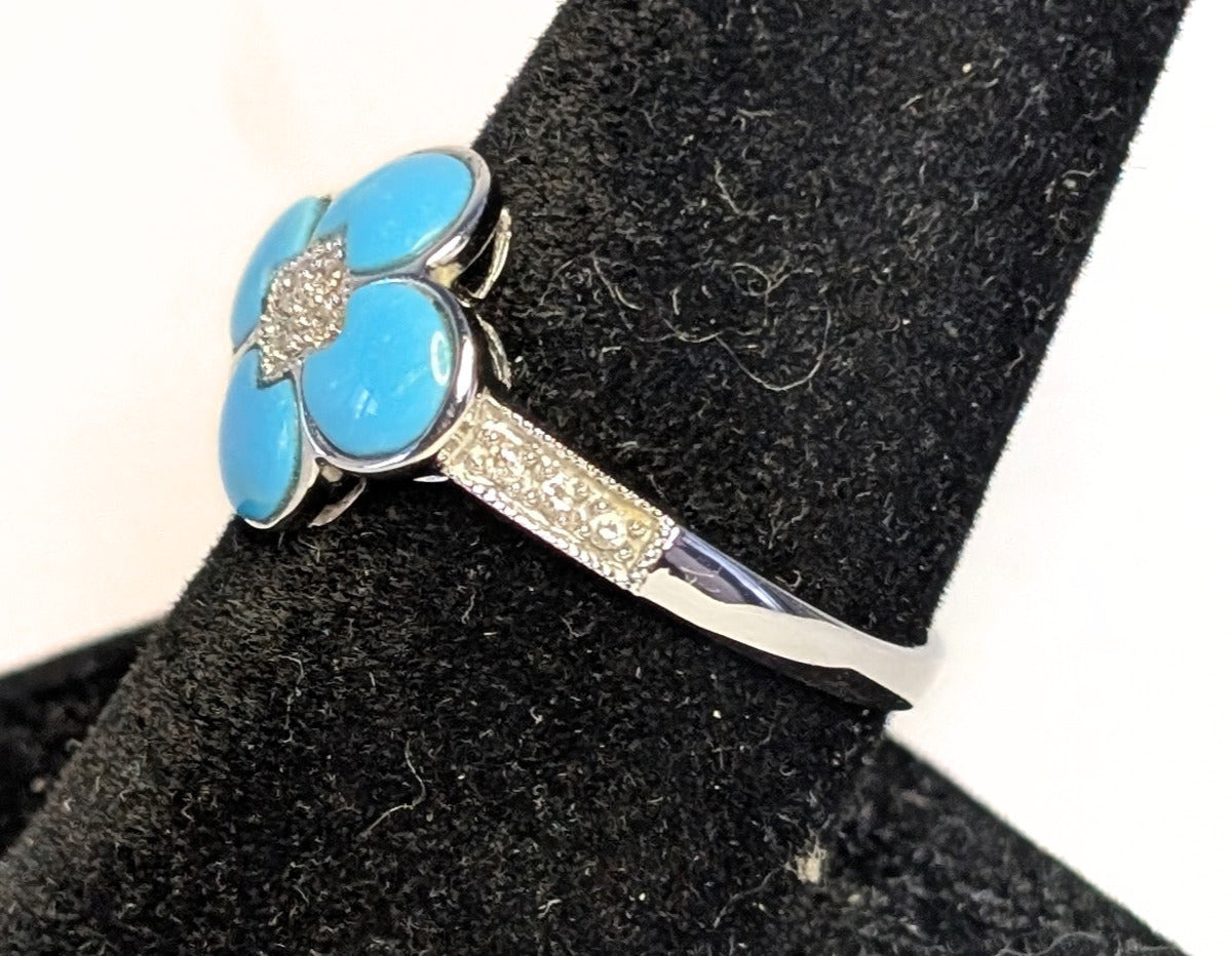 14 Kt White Gold Turquoise & Diamond Ring - Size 9.5 - Appraised $2050