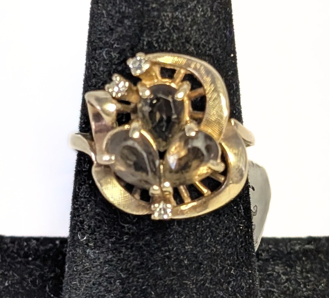 10 Kt Yellow Gold Smokey Quartz & Diamond Cocktail Ring - Size 7.75