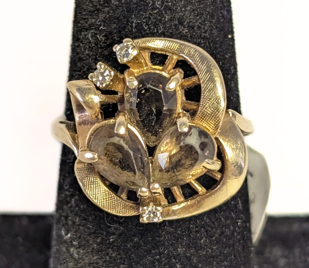 10 Kt Yellow Gold Smokey Quartz & Diamond Cocktail Ring - Size 7.75