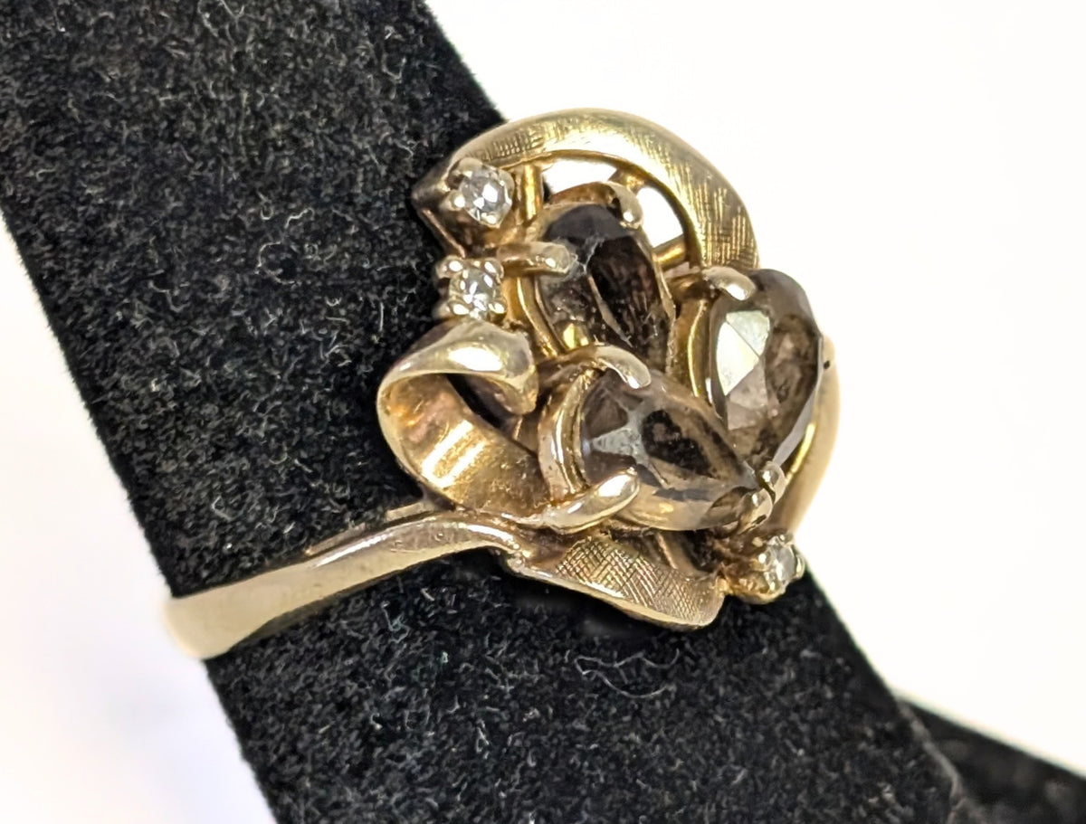10 Kt Yellow Gold Smokey Quartz & Diamond Cocktail Ring - Size 7.75