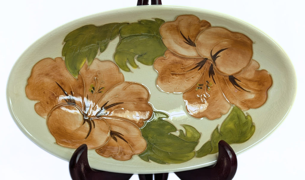MOORCROFT Pottery Oval Bowl - Coral Hibiscus - Signed - 9"x5"