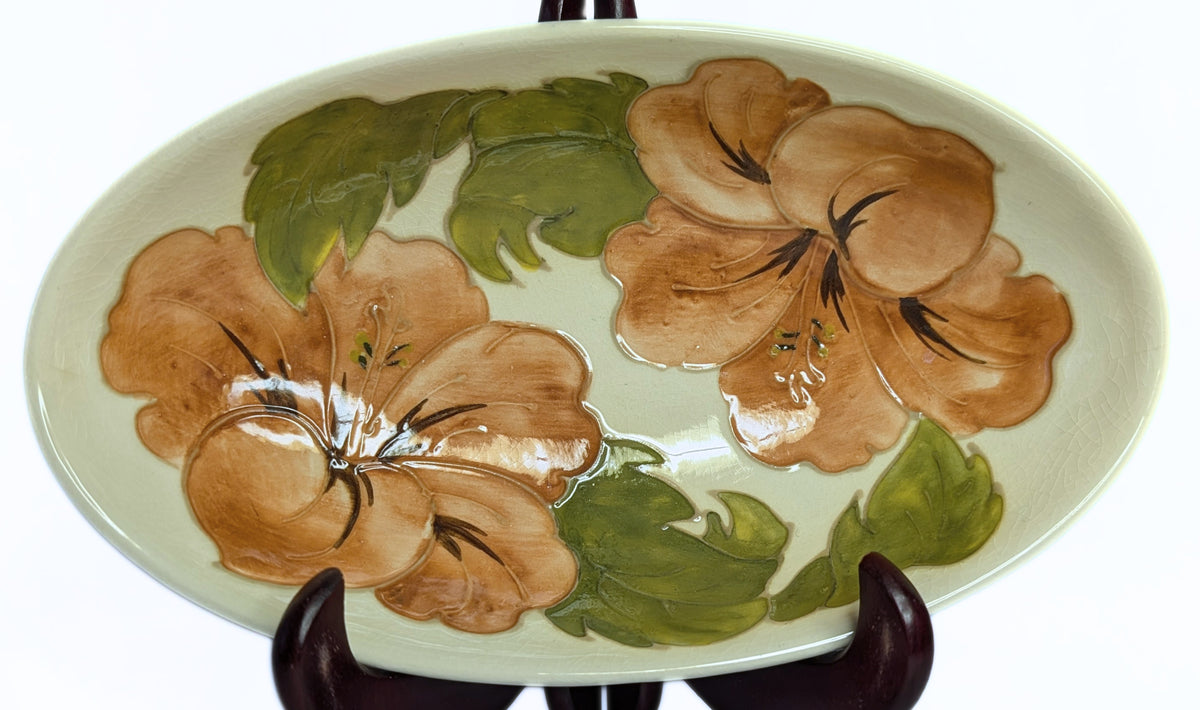 MOORCROFT Pottery Oval Bowl - Coral Hibiscus - Signed - 9"x5"