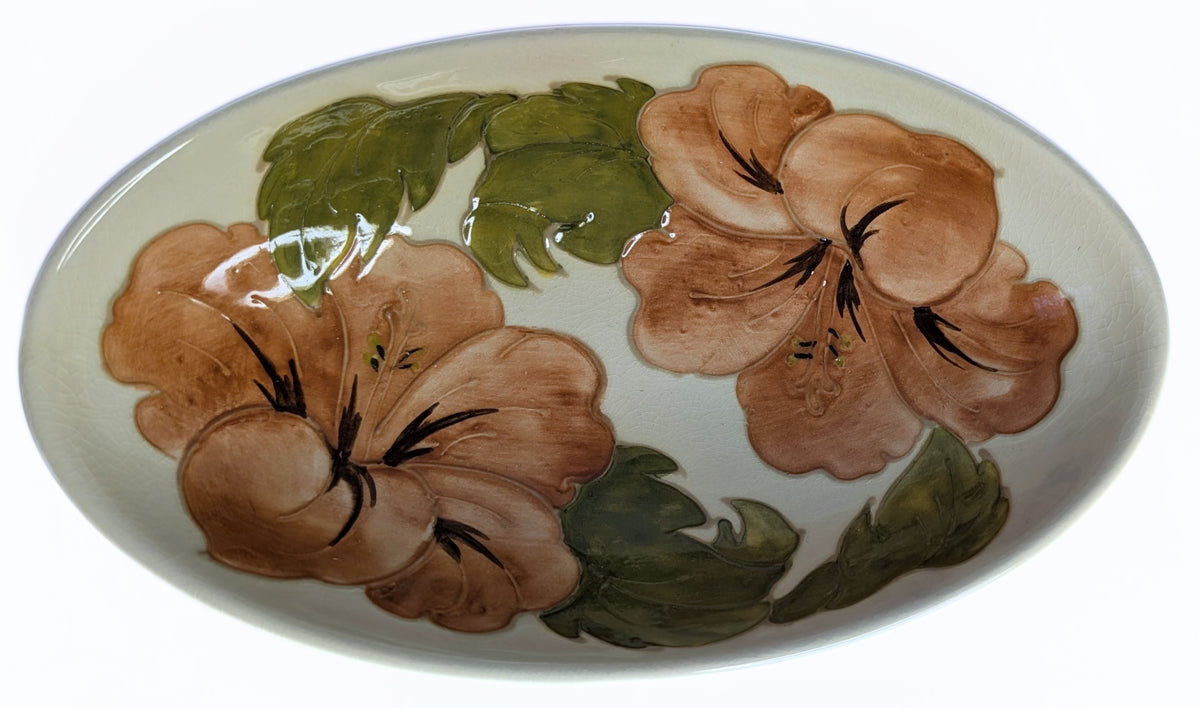 MOORCROFT Pottery Oval Bowl - Coral Hibiscus - Signed - 9"x5"