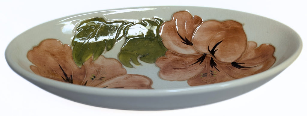 MOORCROFT Pottery Oval Bowl - Coral Hibiscus - Signed - 9"x5"