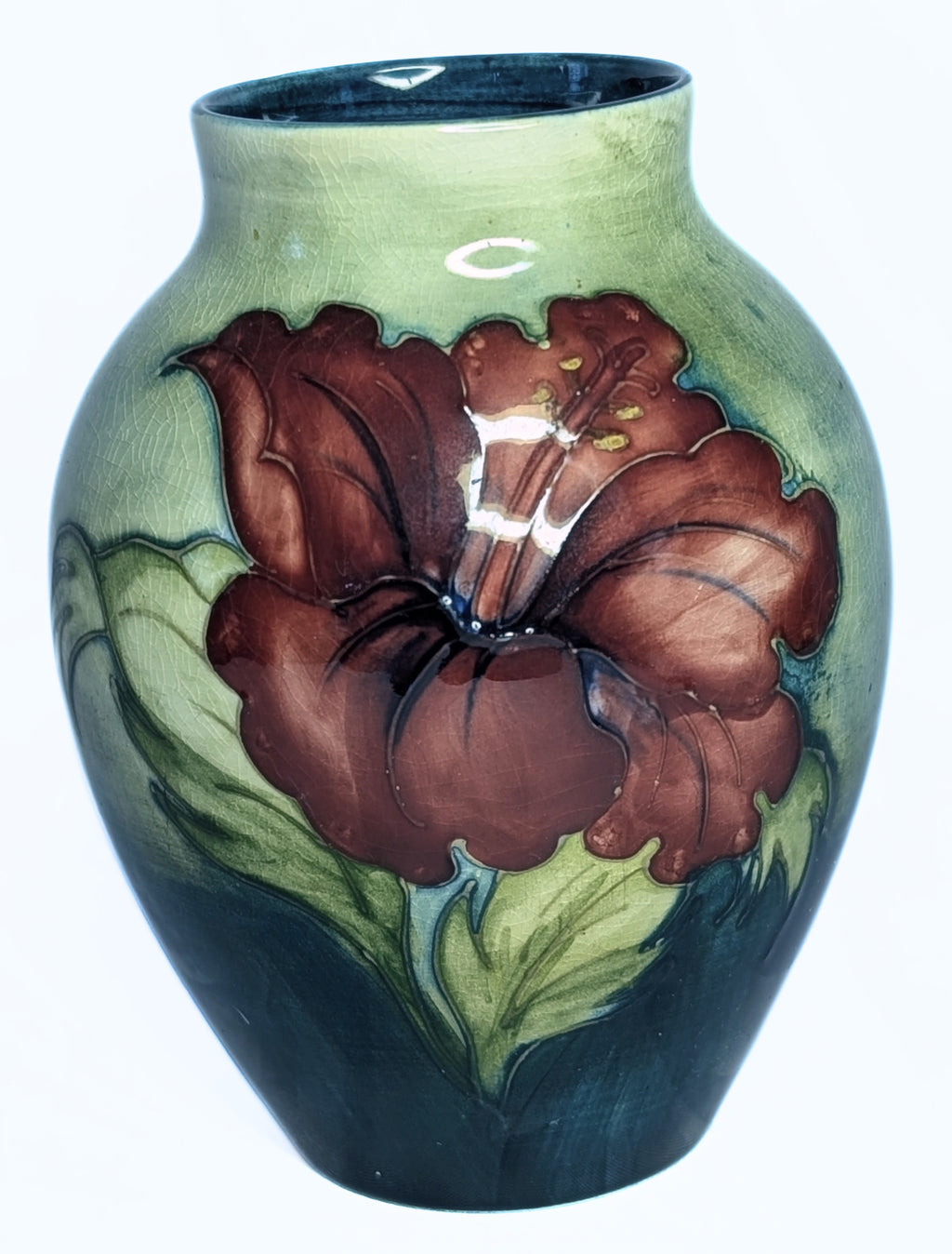 MOORCROFT Pottery Vase - Hibiscus Pattern - 4 3/4" High - Queen Mary Seal