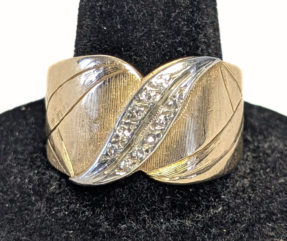 14 Kt Yellow & White Gold Wide Diamond Band / Ring - Size 7.5 - Appraised $5010