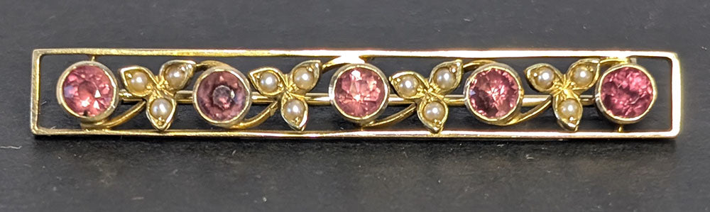 Antique 14 Kt Yellow Gold Seed Pearl & Amethyst Bar Brooch