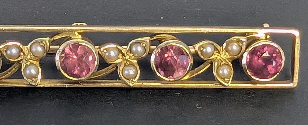 Antique 14 Kt Yellow Gold Seed Pearl & Amethyst Bar Brooch