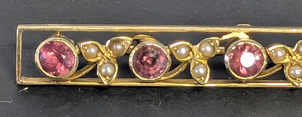 Antique 14 Kt Yellow Gold Seed Pearl & Amethyst Bar Brooch
